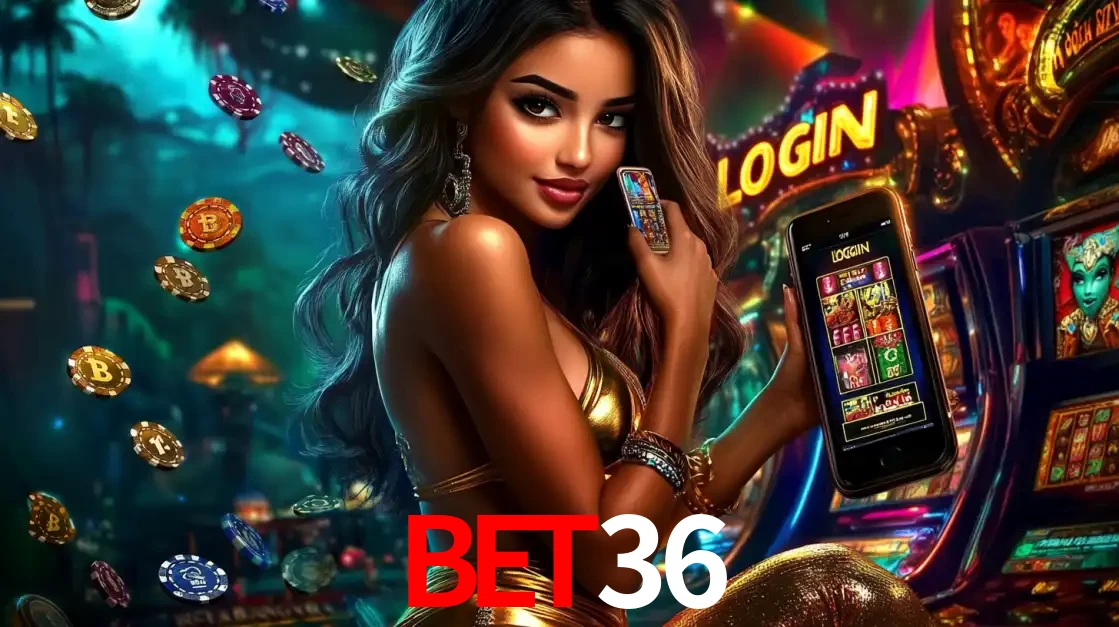 Mulher em um cenário de cassino temático de aventura, mostrando o app de caça-níqueis da BET36 no celular. Fichas de apostas flutuam ao redor.