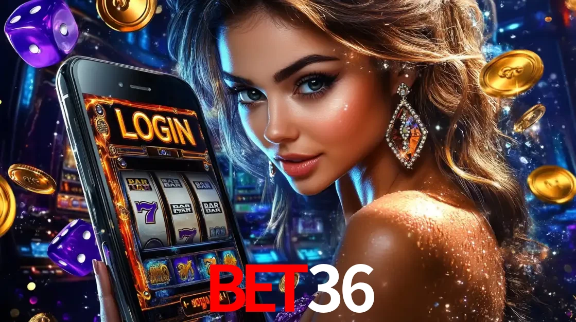 Mulher glamorosa segurando um smartphone com a tela de login para os jogos de caça-níqueis do cassino online BET36, com moedas de ouro e dados ao redor.