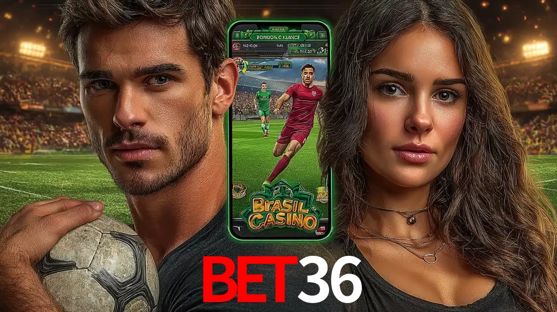 Homem segurando uma bola de futebol e uma mulher ao lado de um smartphone exibindo o jogo de apostas esportivas da BET36. Faça seu palpite no cassino online.